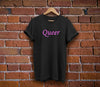 Queer Pride Shirt - Queer in Pink and Purple Text - Black Unisex Tee